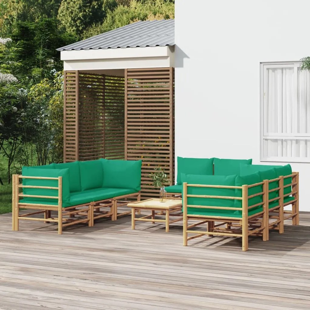 Set salotto da giardino 9pz con cuscini verdi bambù