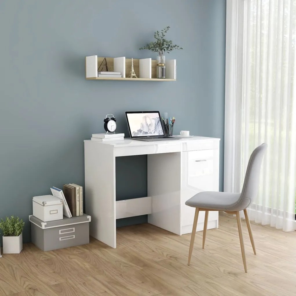 Scrivania Bianco Lucido 100x50x76 Cm İn Legno Multistrato /
