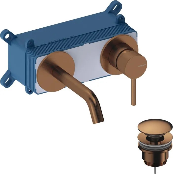Rubinetto per lavabo Loop monocomando a parete per lavabo bocca 14cm + corpo incasso + piletta di scarico rose gold brushed