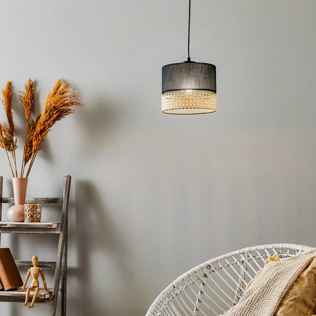 TK Lighting Lampada a sospensione Paglia nero/rattan 1 luce 20 cm