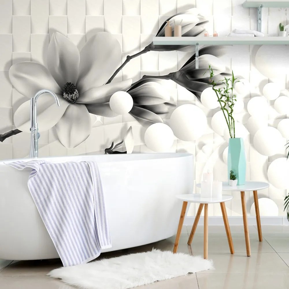 Carta da parati autoadesiva – Magnolia in bianco e nero con elementi astratti