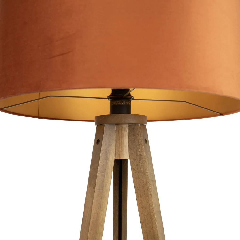Lampada da terra in legno con paralume arancione e interno dorato 50cm - Tripod Classic
