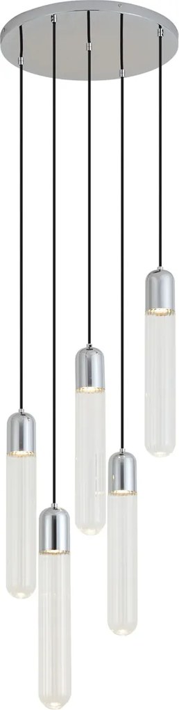 Lampada a sospensione di design cromata con vetro a coste 5 luci - Walcott