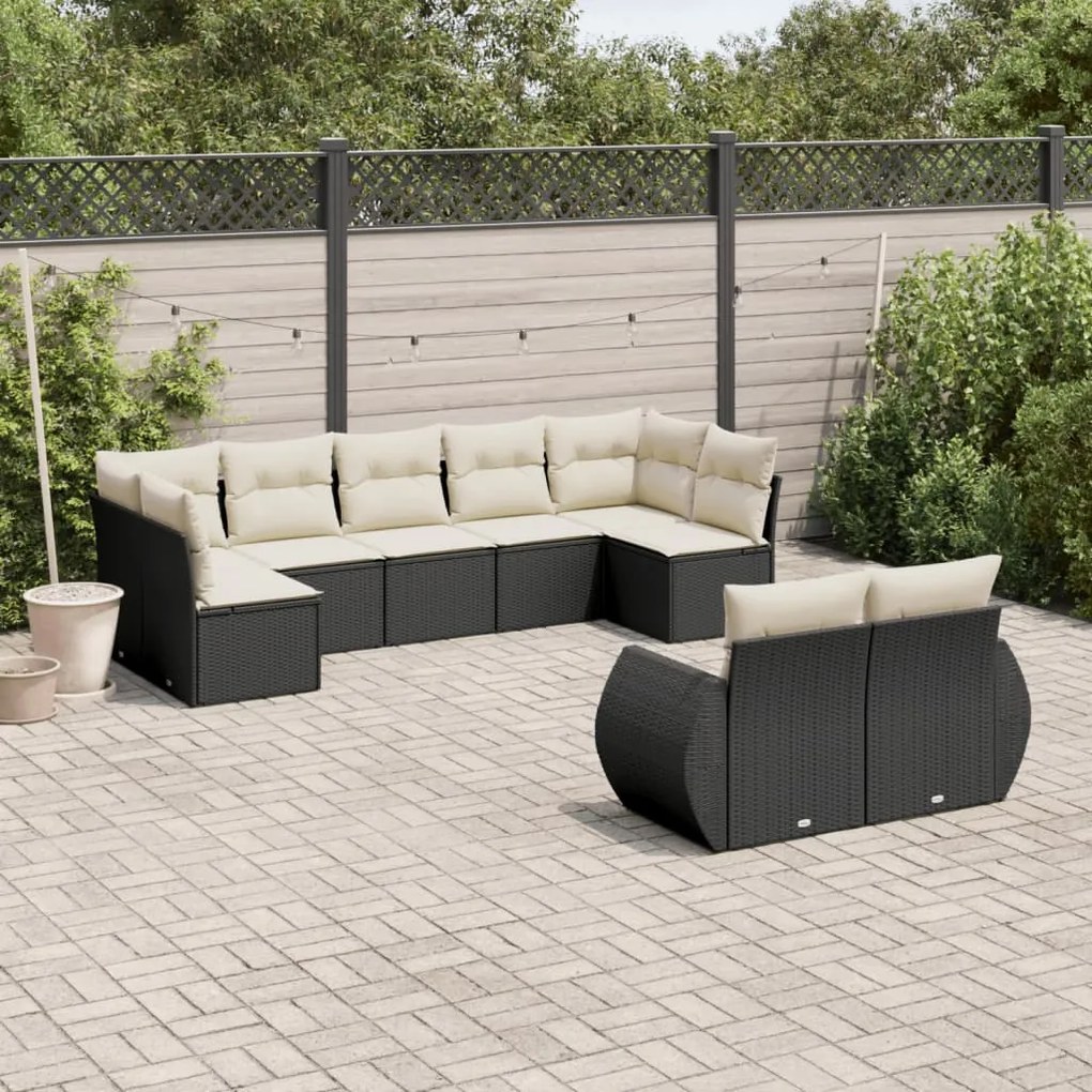 Set divani da giardino 9 pz con cuscini nero in polyrattan