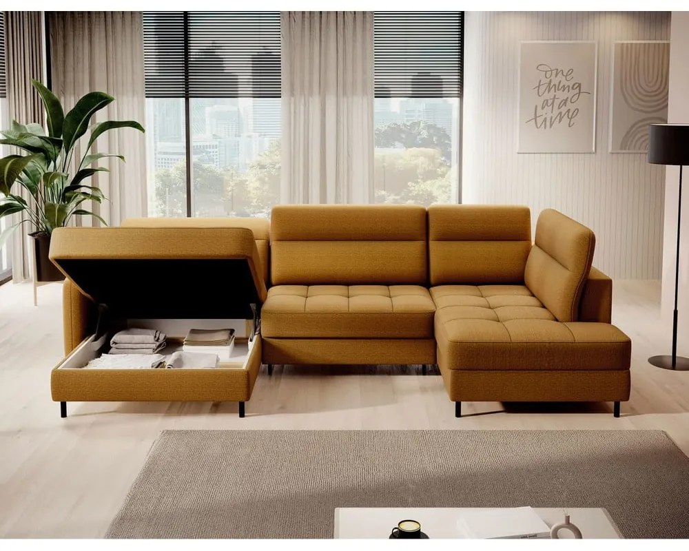 Divano angolare giallo allungabile/con contenitore (con penisola a destra/a U) e rivestimento in velluto Berrto – ELTAP
