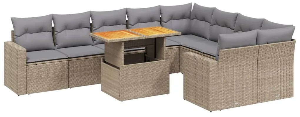 Set divano da giardino 10 pz con cuscini beige in polyrattan