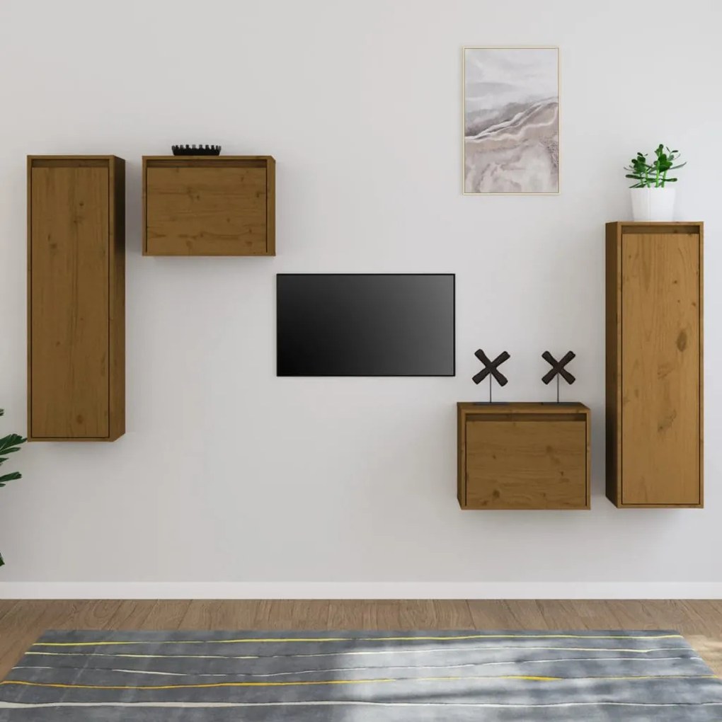 Mobili Porta Tv 4 Pz Ambra İn Legno Massello Di Pino /