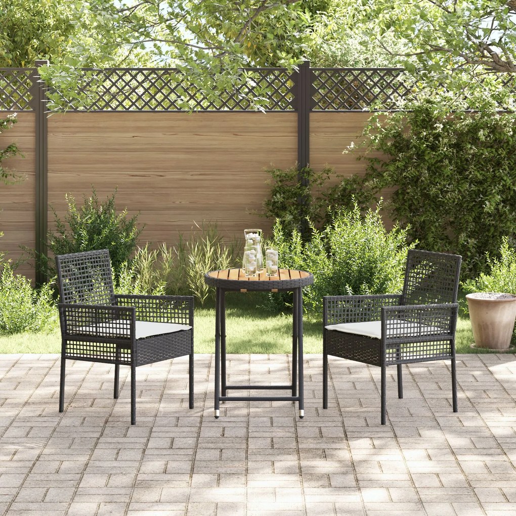 Set bistro da giardino in 3 pezzi con cuscini - rattan nero