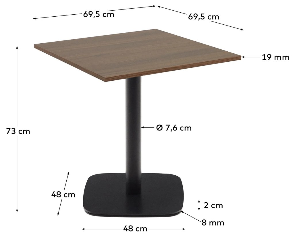 Kave Home - Tavolo Dina melammina rifinito noce con gamba di metallo rifinita in nero 70 x 70 x 70 cm