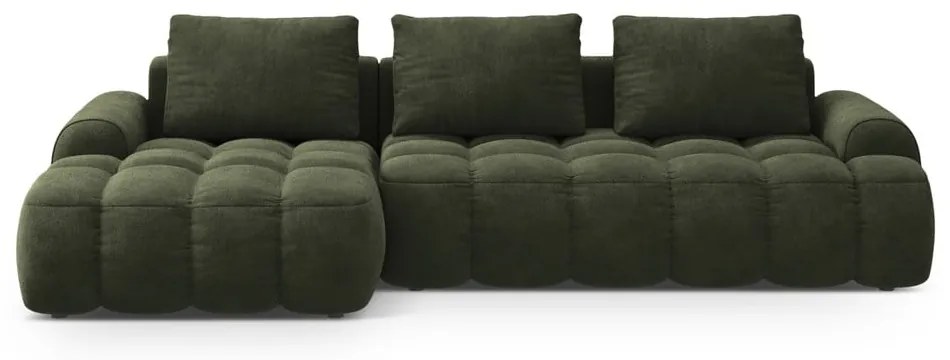 Divano angolare verde allungabile/con contenitore (con penisola a sinistra/con chaise lounge) con rivestimento in velluto Linz – Cosmopolitan Design