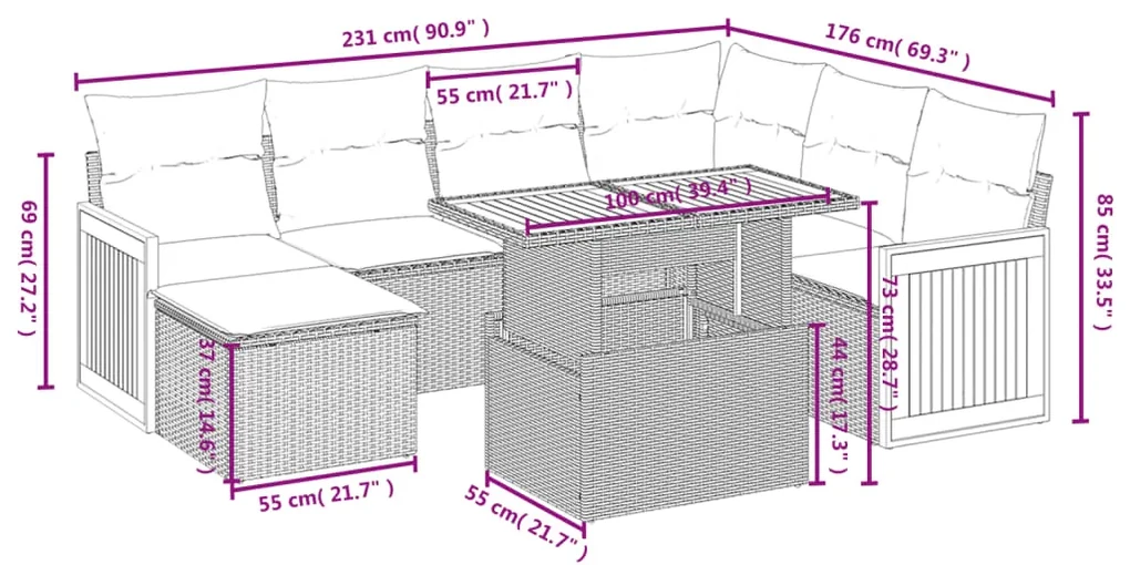 Set divani da giardino con cuscini 8 pz nero in polyrattan