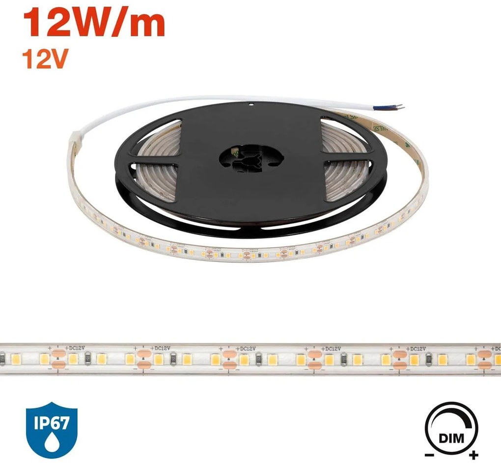 Striscia LED 2835/120 12V 12W/m IP67 5m Colore Bianco Caldo 3.000K
