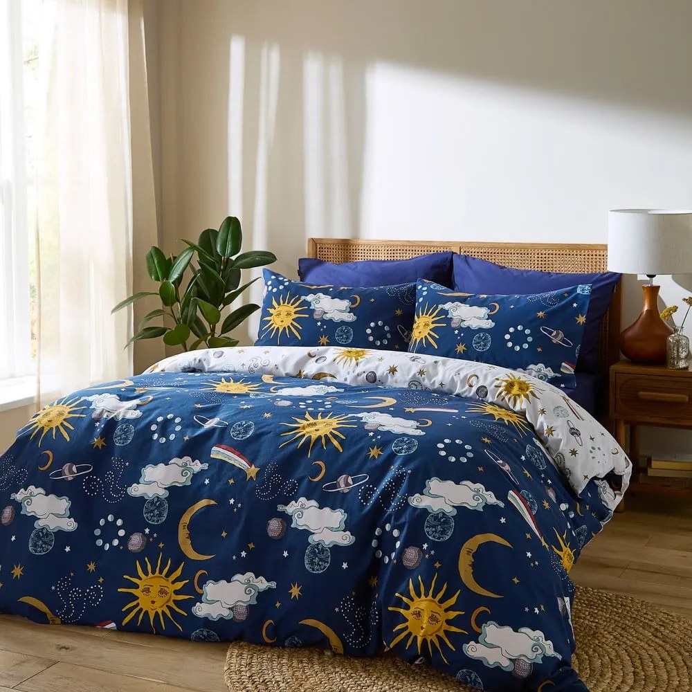 Set copripiumino e federa bianco e blu in cotone per letto matrimoniale e per letto esteso 230x220 cm Disco Space – Their Nibs