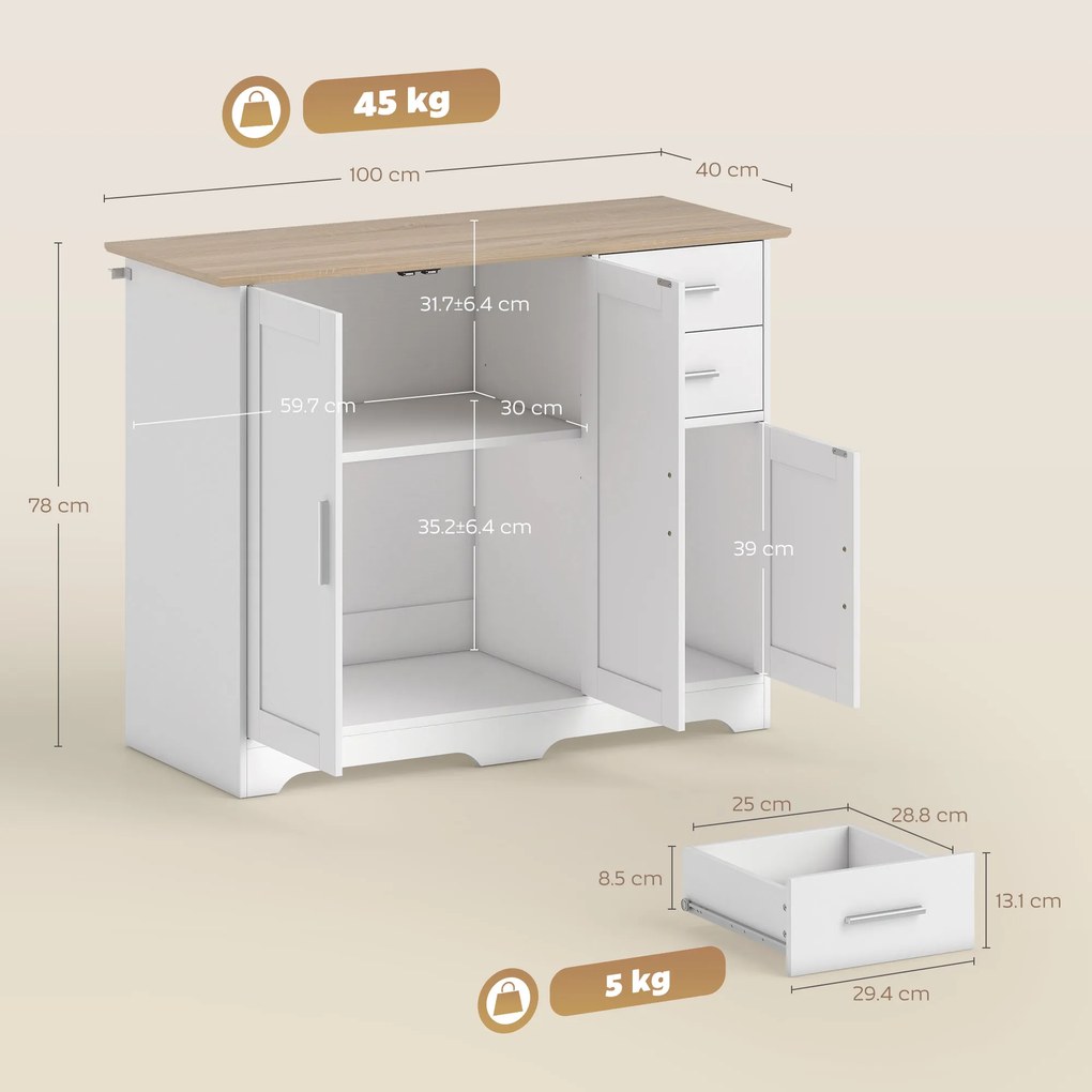 Credenza Moderna Buffet 100x40x78 cm con 2 Cassetti e 2 Armadietti in Legno Bianco e color Legno...