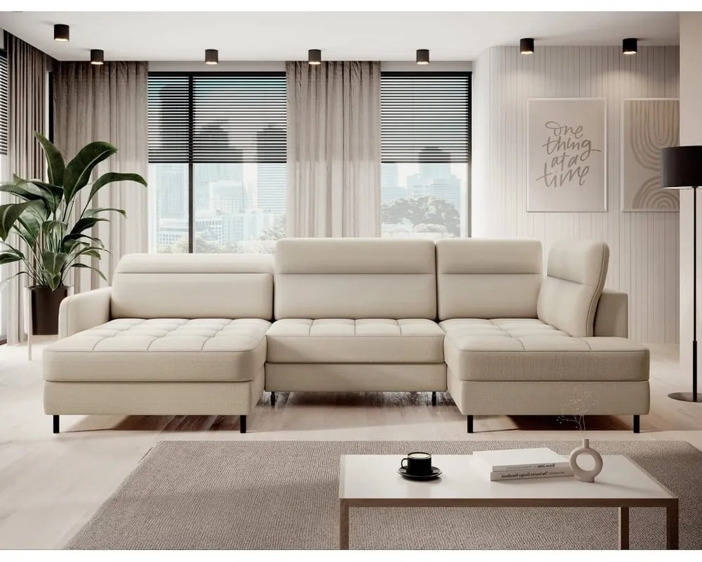 Divano angolare beige allungabile/con contenitore (con penisola a destra/a U) e rivestimento in velluto Berrto – ELTAP