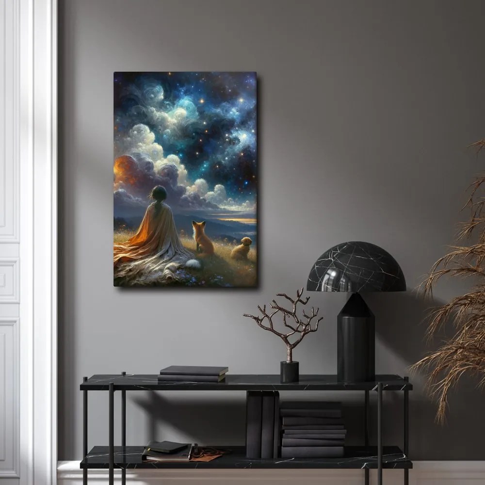 Quadro su tela – Figura con volpe e cane sotto le stelle