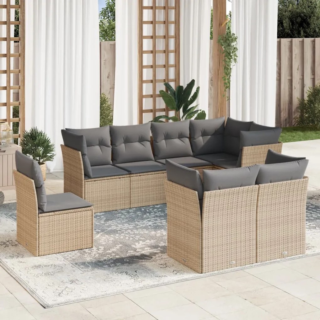 Set divano da giardino 8 pz con cuscini beige in polyrattan