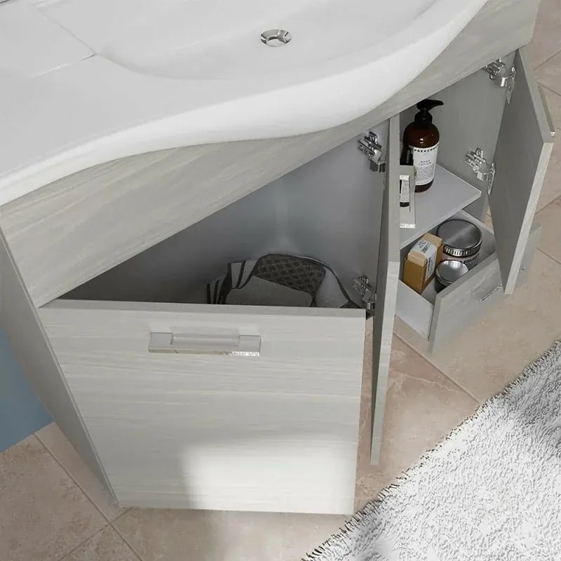 Mobile bagno da terra 105 cm rovere grigio completo di specchio con pensile e LED