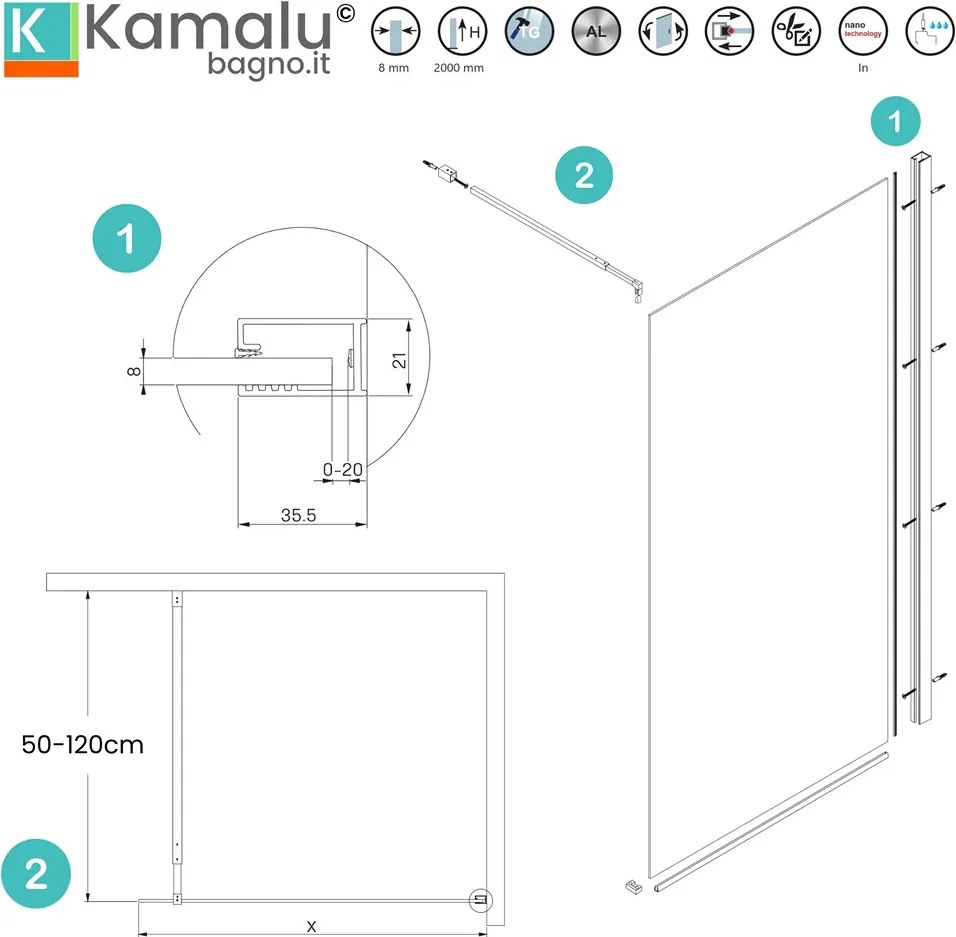 Parete doccia walk in 50 cm con profilo nero opaco | KW-100B - KAMALU