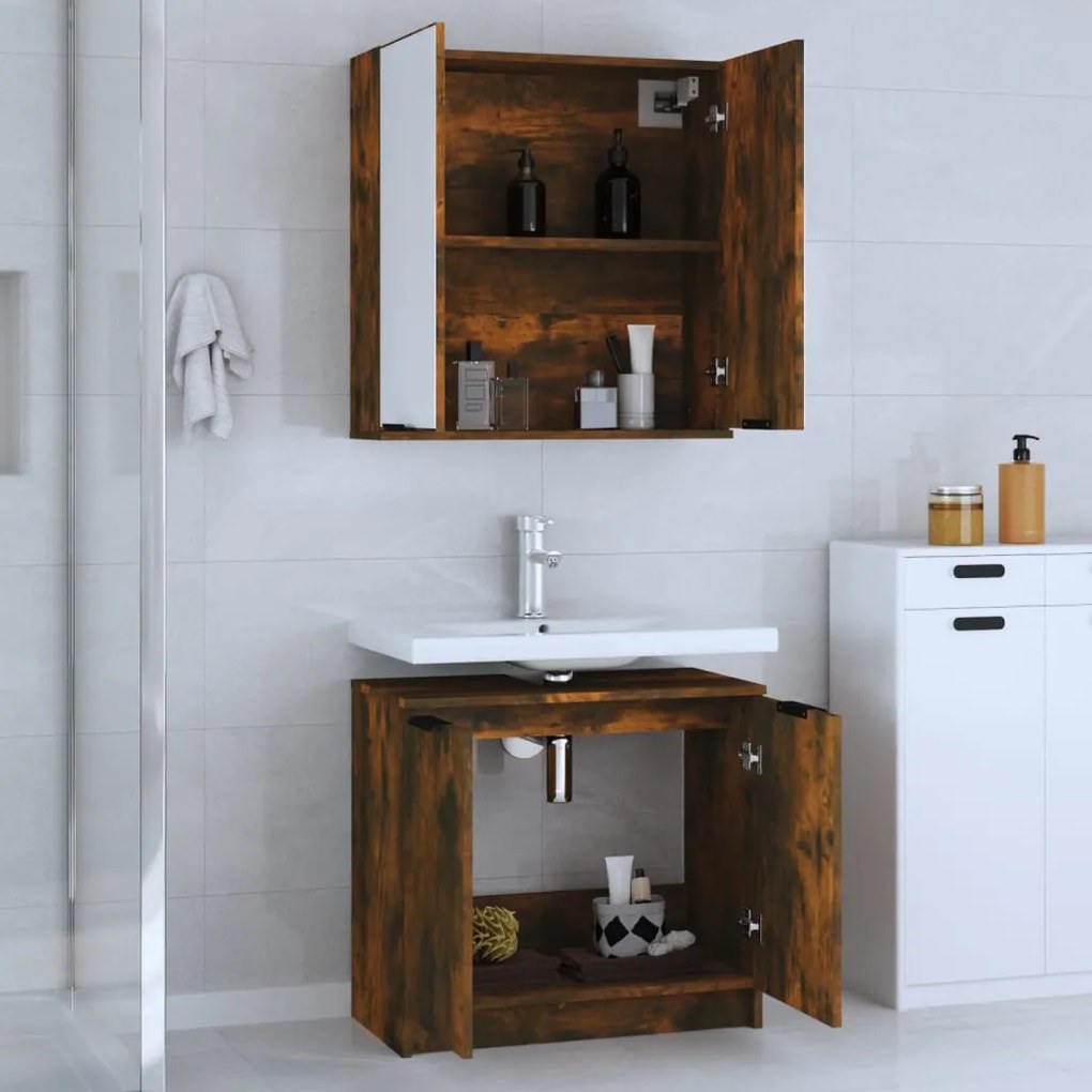 Set mobili da bagno 2 pz rovere fumo in legno multistrato