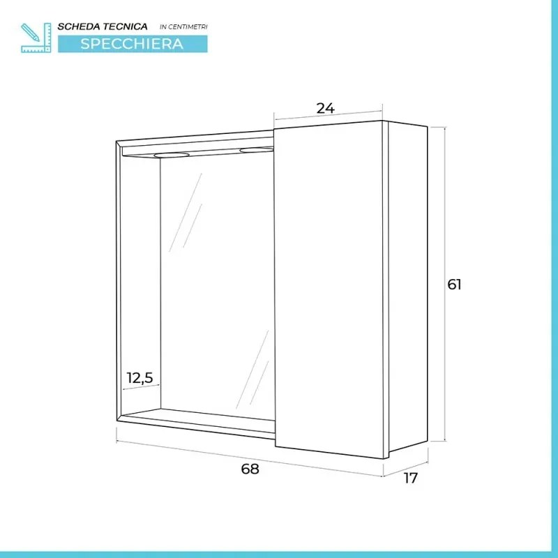 Specchio contenitore 68x61 cm rovere scuro con pensile e LED Way