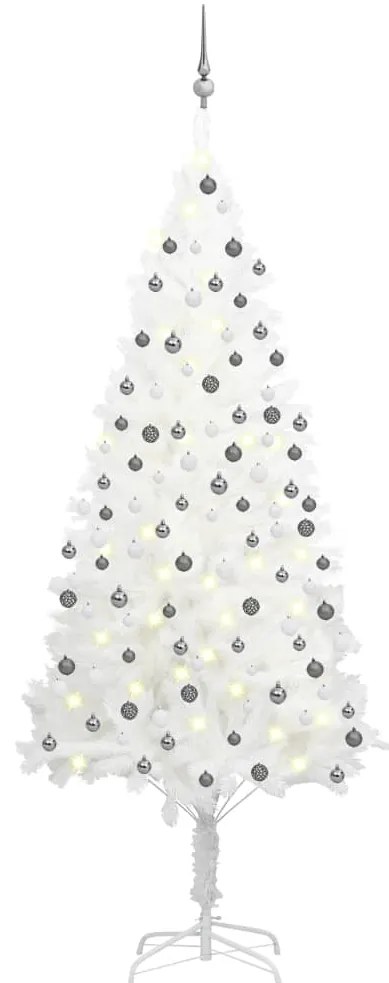 Albero di Natale Artificiale Preilluminato con Palline, Albero di Natale Preilluminato con Palline Bianco 210 cm