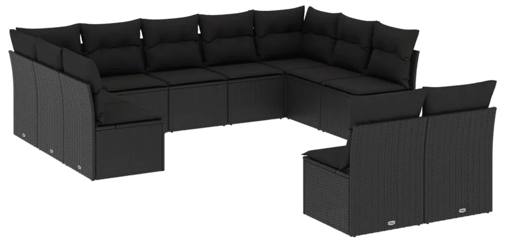 Set divani da giardino 11 pz con cuscini in polyrattan nero