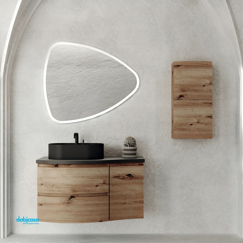 Mobile Bagno Sospeso "Dolce Vita" Da 105 Cm Base Con Due Cassetti Un'Anta Lavabo D'appoggio E Specchio Retroilluminato Finitura Rovere Oro/Grigio Scuro