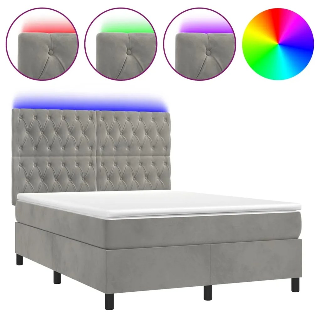 Letto a molle materasso e led grigio chiaro 140x190 cm velluto