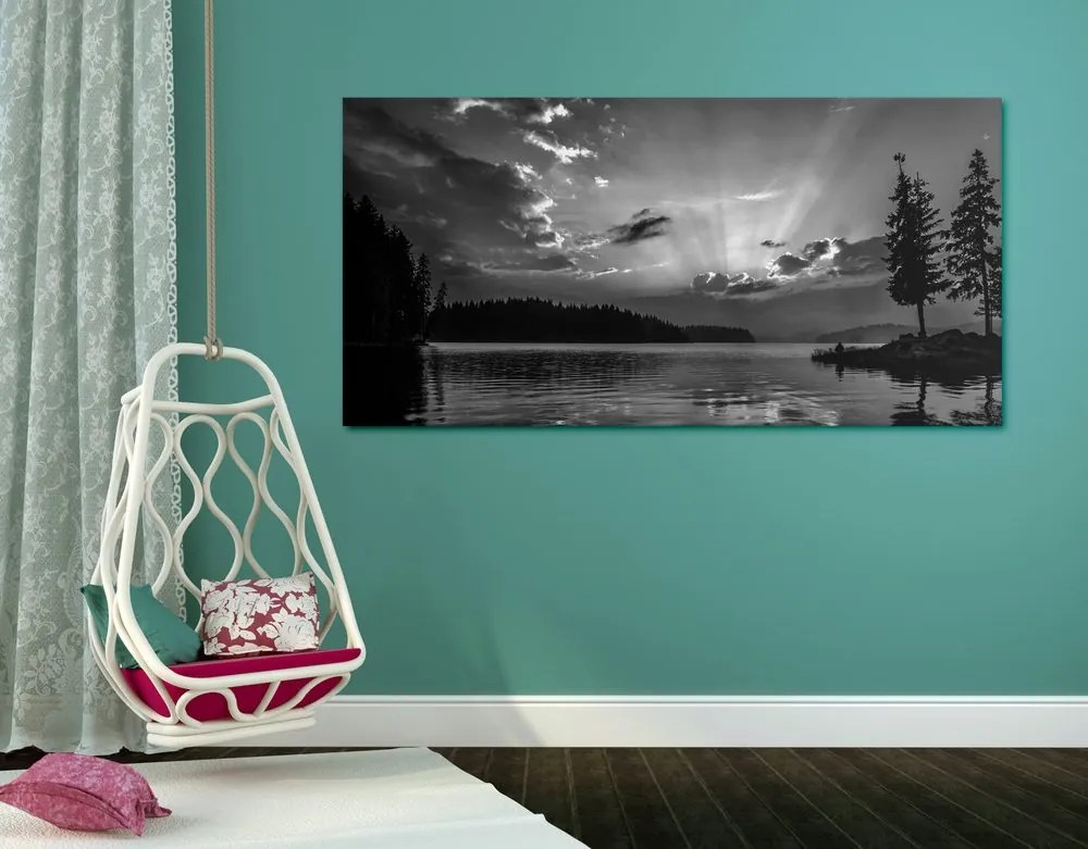Quadro su tela – Riflesso del lago di montagna in bianco e nero