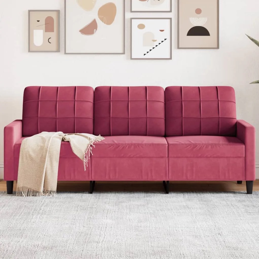 Divano A 3 Posti Rosso Vino 180 Cm İn Velluto /