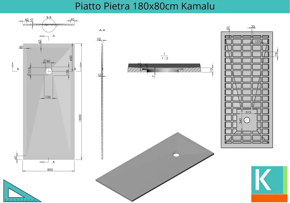 Piatto doccia 180x80 effetto pietra colore grigio - KAMALU