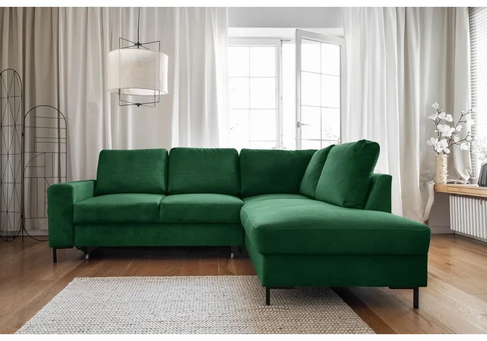 Divano letto angolare in velluto a coste verde scuro (angolo destro) Lofty Lilly - Miuform