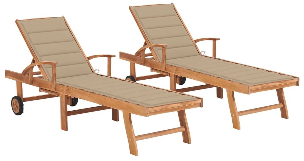 Lettini prendisole 2 pz con tavolo e cuscino beige in teak