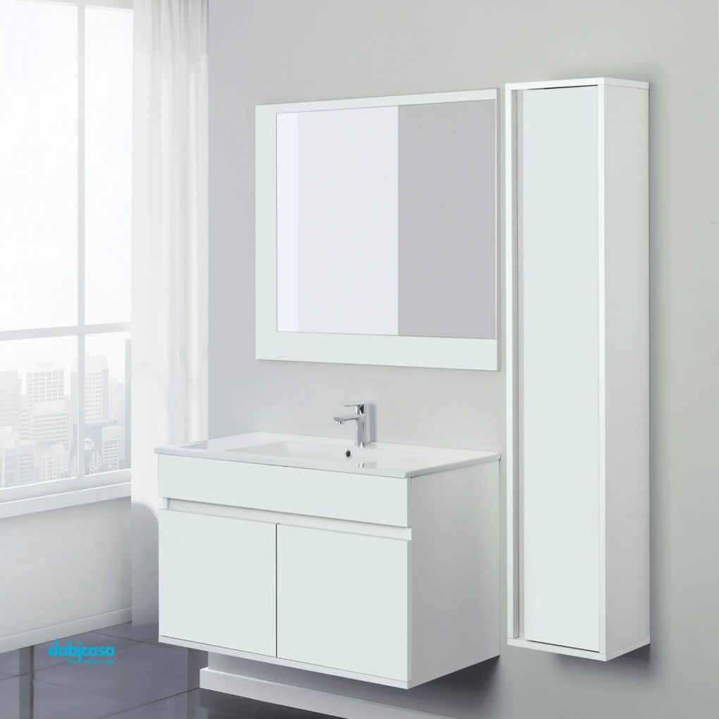 Mobile Bagno Sospeso "Fabula" Da 90 Cm Composto Da Due Un Cassetto Lavabo E Specchio Finitura Bianco Opaco/Bianco Laccato