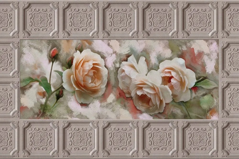 Carta da parati autoadesiva – Rose in cornice storica