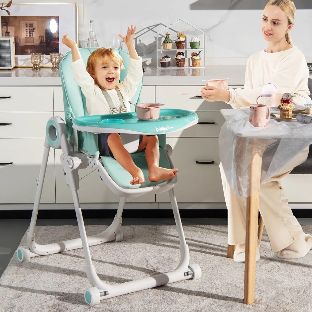 Costway Seggiolone pieghevole per bambini, Seggiolone regolabile in 6 altezze con schienale poggiapiedi 4 ruote Verde