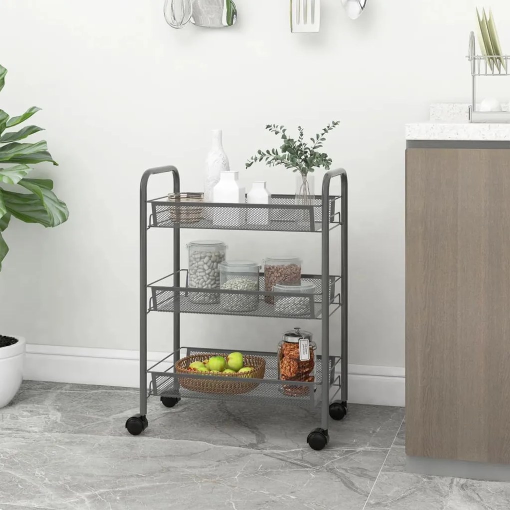 Carrello Da Cucina Con 3 Ripiani Grigio 46x26x64 Cm İn Ferro /