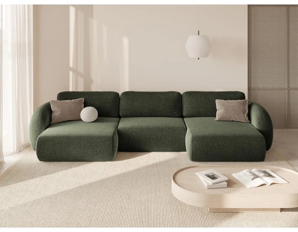 Divano angolare verde allungabile/con contenitore (a U) con rivestimento in ciniglia Tonale – Cosmopolitan Design