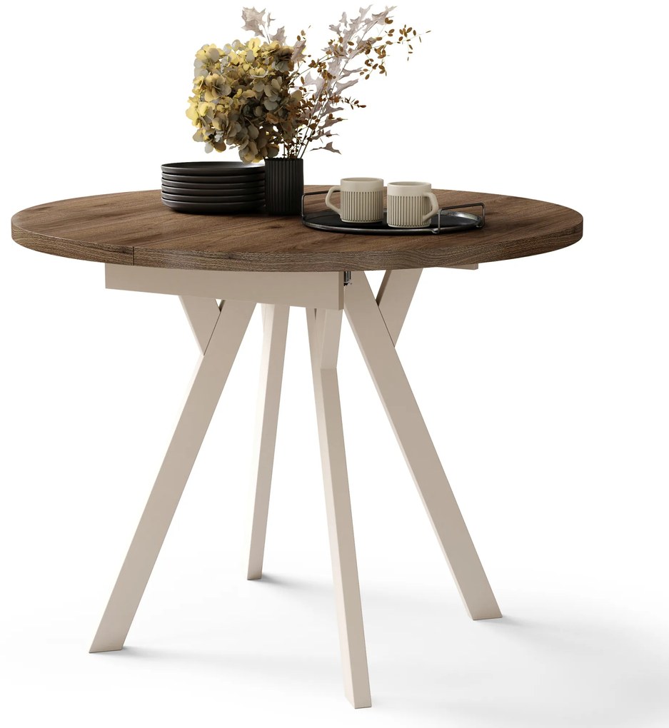 ALMO Noce Elegante/gambe beige - TAVOLO ROTONDO ALLUNGABILE CON GAMBE A Y LOFT / INDUSTRIALE PER SALONE / SALA DA PRANZO