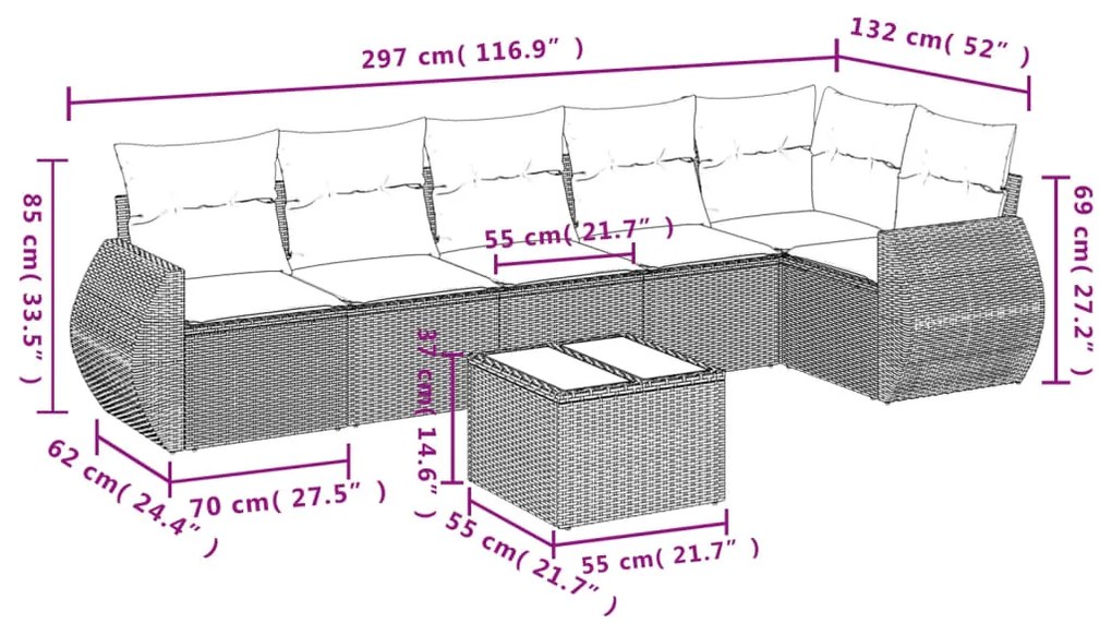 Set Divani da Giardino 7 pz con Cuscini Grigio in Polyrattan