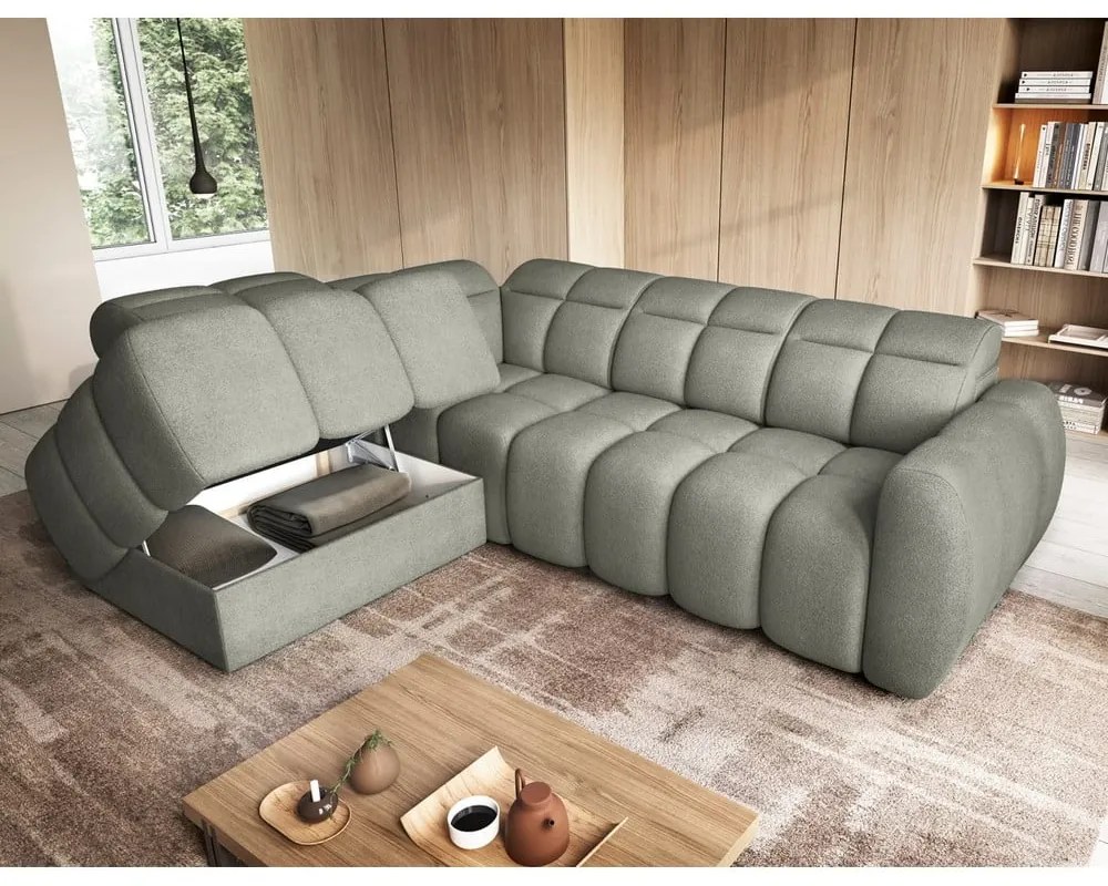 Divano angolare verde polveroso allungabile/con contenitore (con penisola a sinistra/a L) e rivestimento in bouclé Falconn – ELTAP