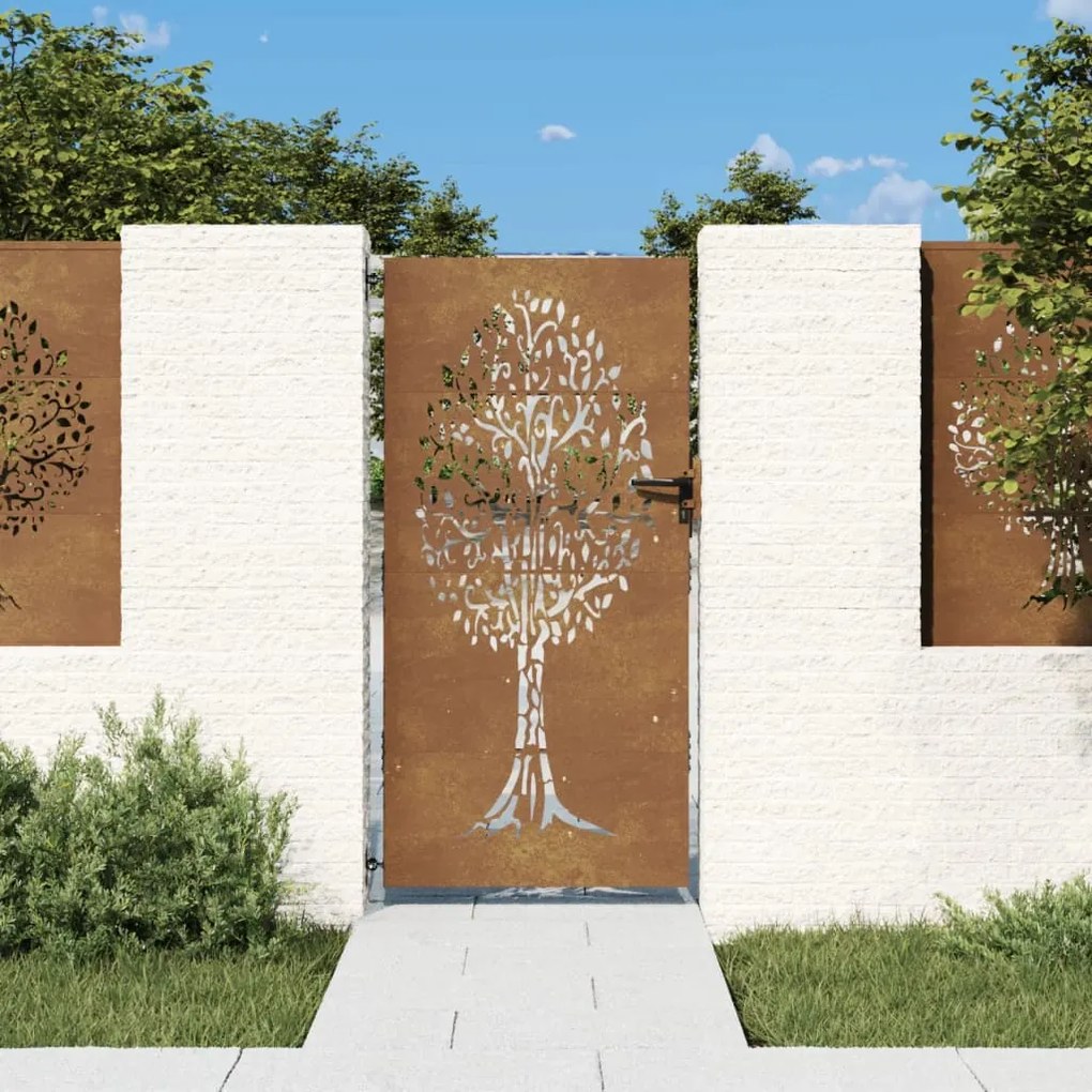 Cancello Da Giardino 85x175 Cm İn Acciaio Corten Design Albero /