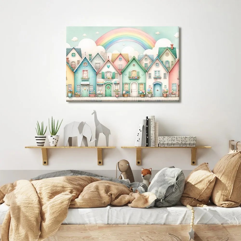 Quadro su tela – Casette pastello con arcobaleno