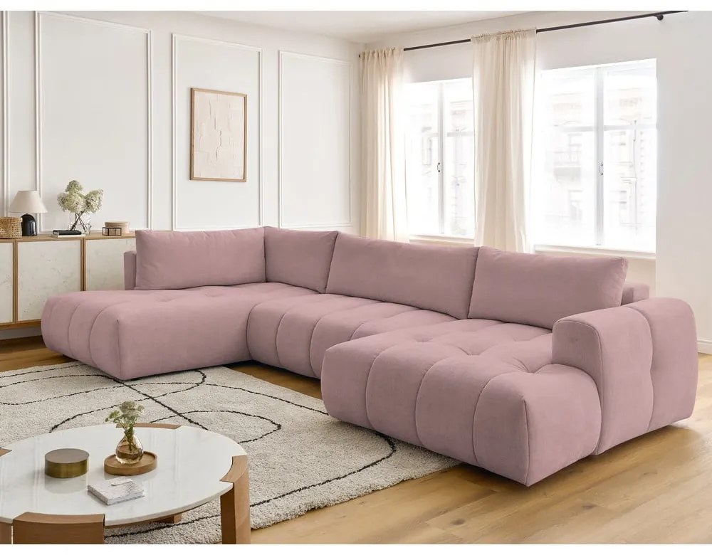 Divano angolare rosa allungabile e con contenitore (penisola a sinistra/a U) con rivestimento in ciniglia Fuji – Bobochic Paris