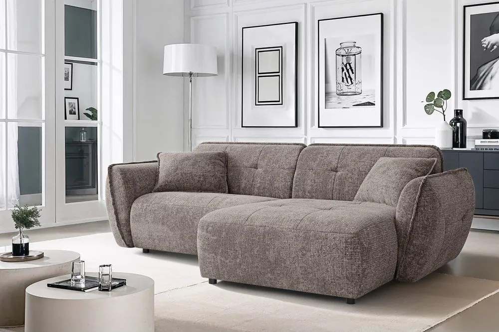 Divano angolare grigio tortora (con penisola a destra/con chaise lounge) con rivestimento in ciniglia Nelia – Ropez