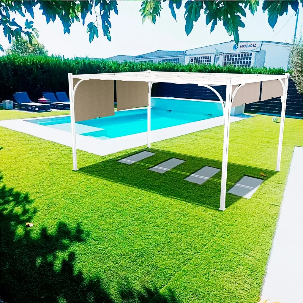 Gazebo Pergola 3 x 4 M Pergolato Con Tetto Scorrevole Telo Impermeabile