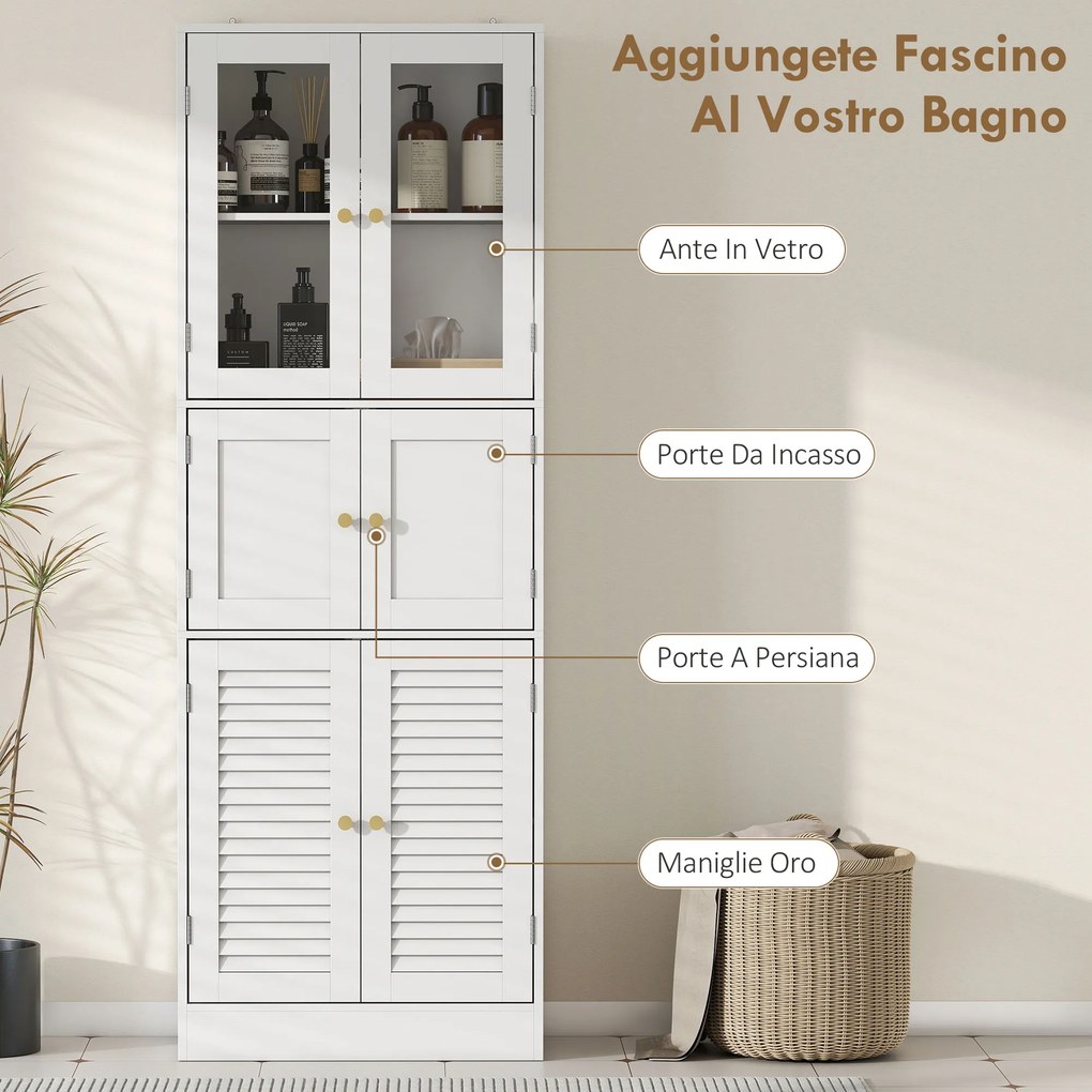 Mobile Bagno 60x30x170 cm con 3 Armadietti a 2 Ante in Vetro e Legno  Bianco...