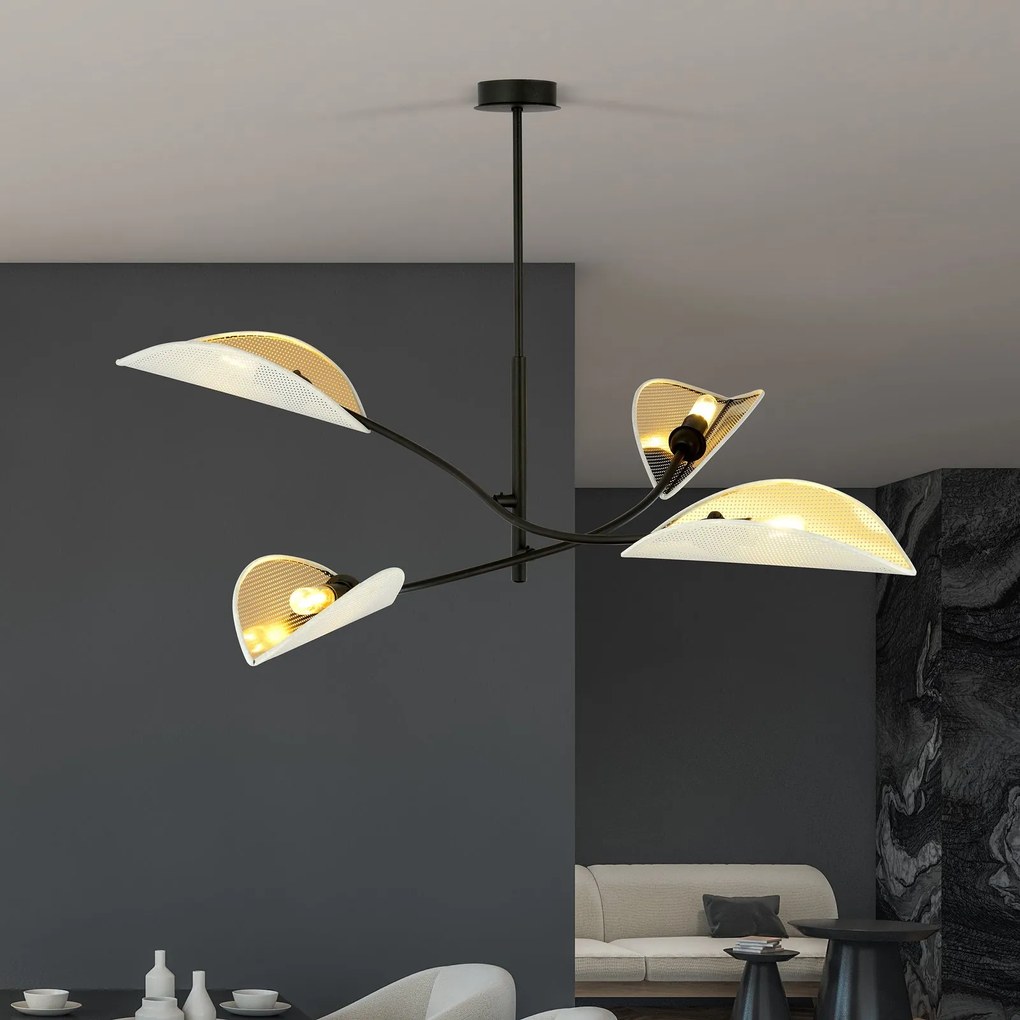 Sospensione Nordica 4 Luci Lotus In Acciaio Nero Bianco E Oro Bracci Regolabili