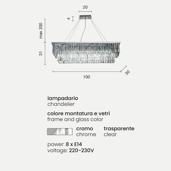 Lampadario sospensione DAIQUIRI a 8 Luci in metallo 100 cm con decorazioni in cristallo